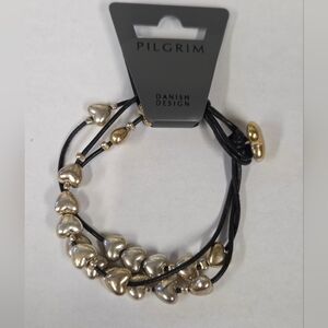 Pilgrim Danish Design Black Cord Bracelet with Goldtone Hearts